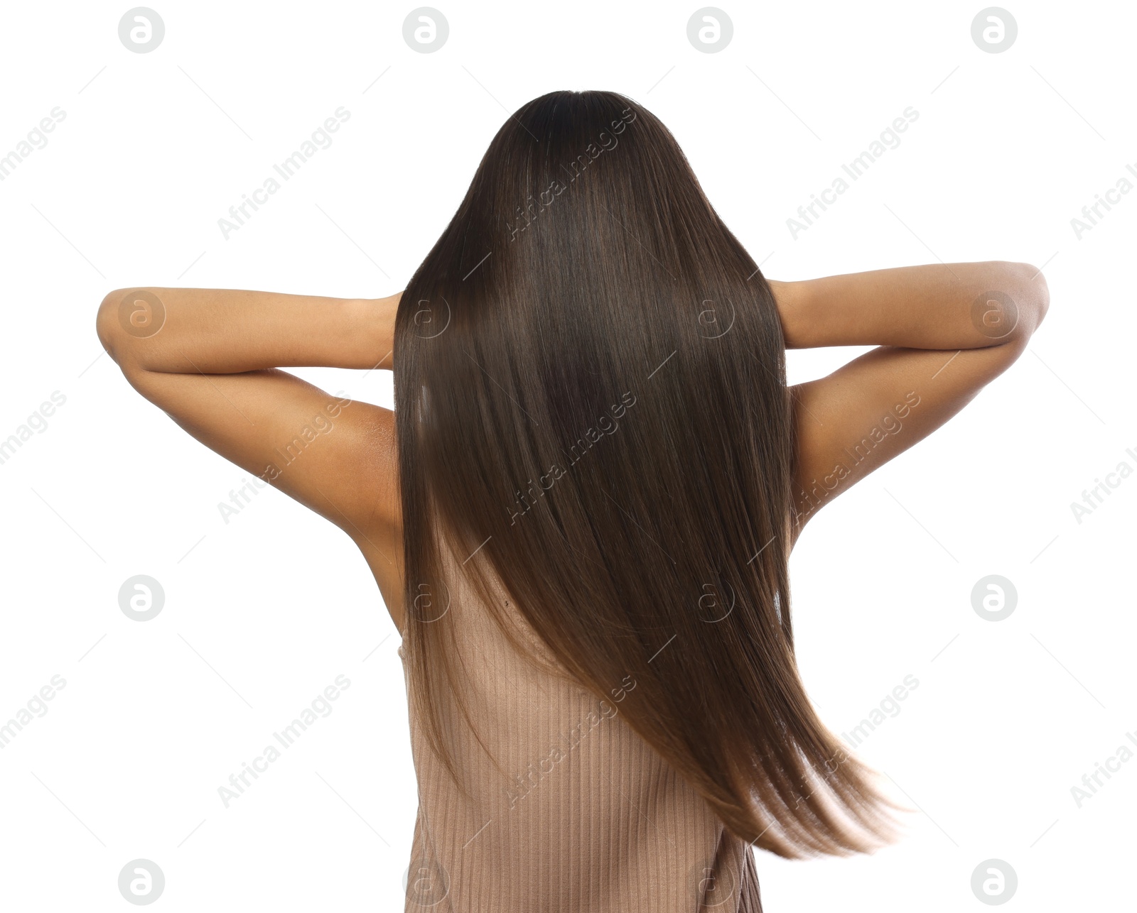 Photo of Hair styling. Woman with straight long hair on white background, back view