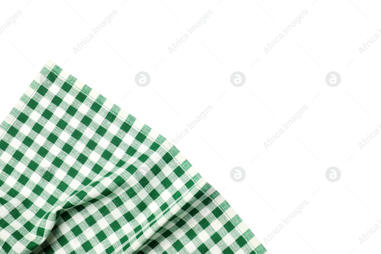 Photo of Green checkered tablecloth isolated on white, top view