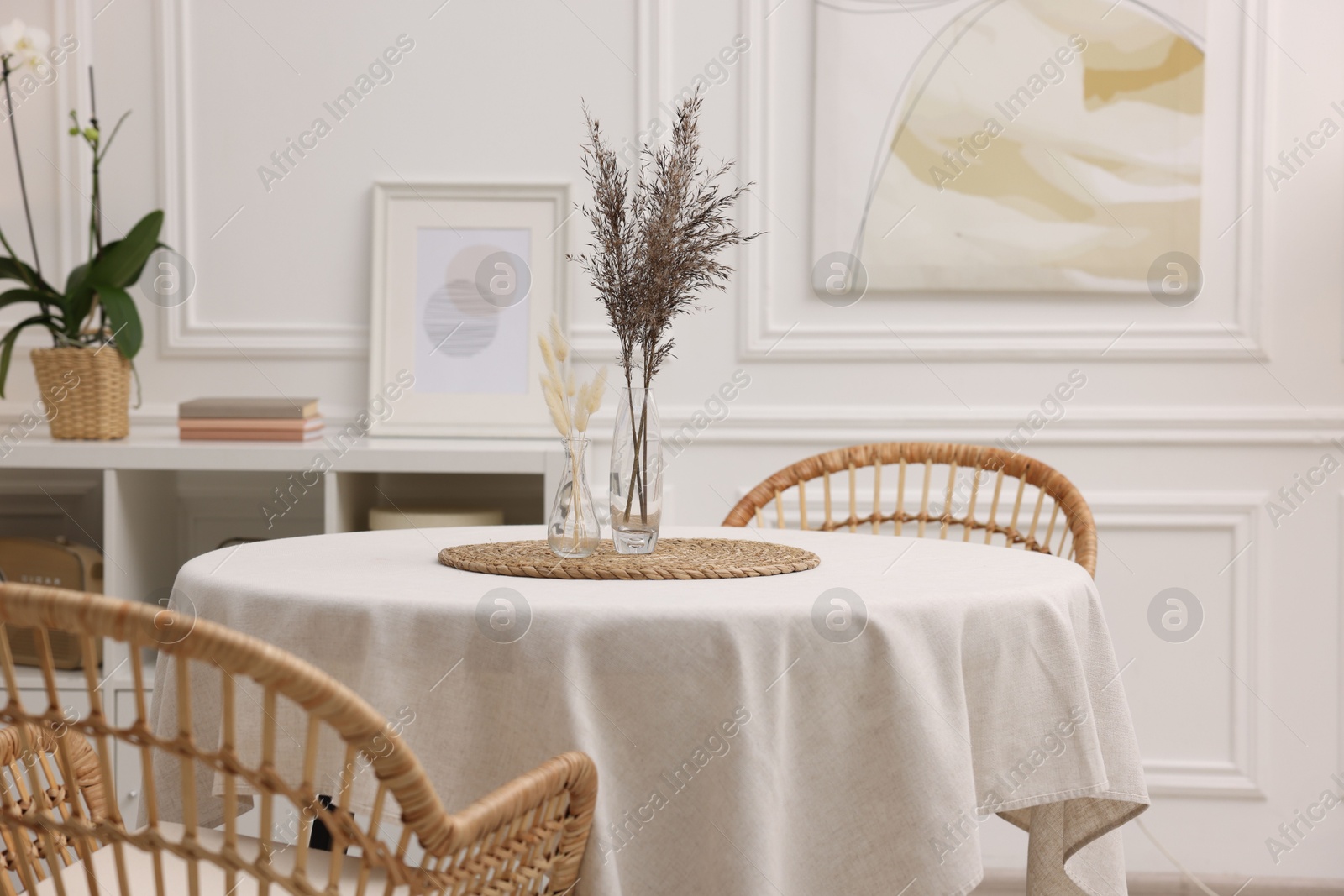 Photo of Table with white tablecloth, dried flowers in vases and chairs in stylish room. Interior design