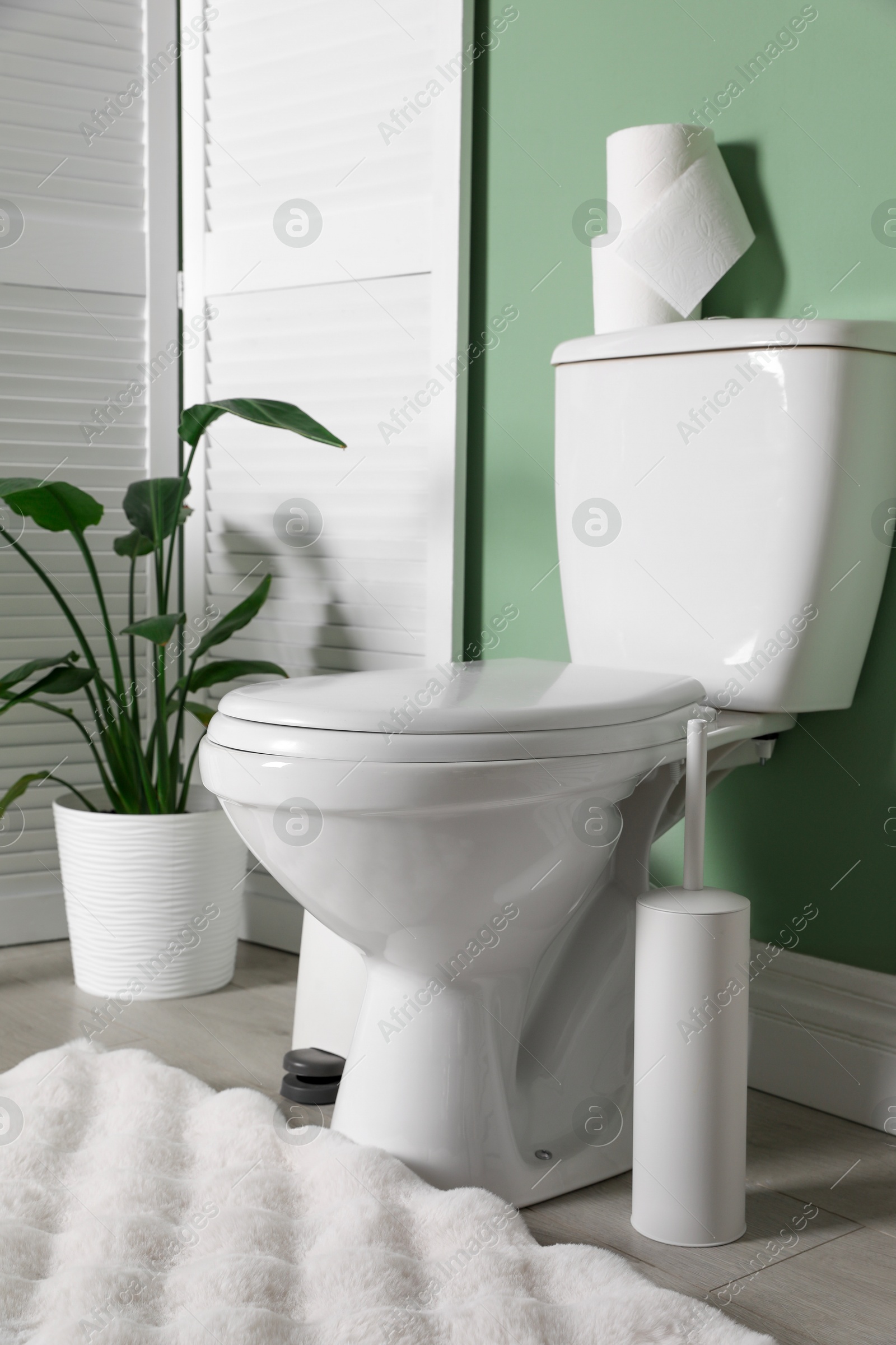 Photo of Folding screen, toilet bowl and houseplant in restroom