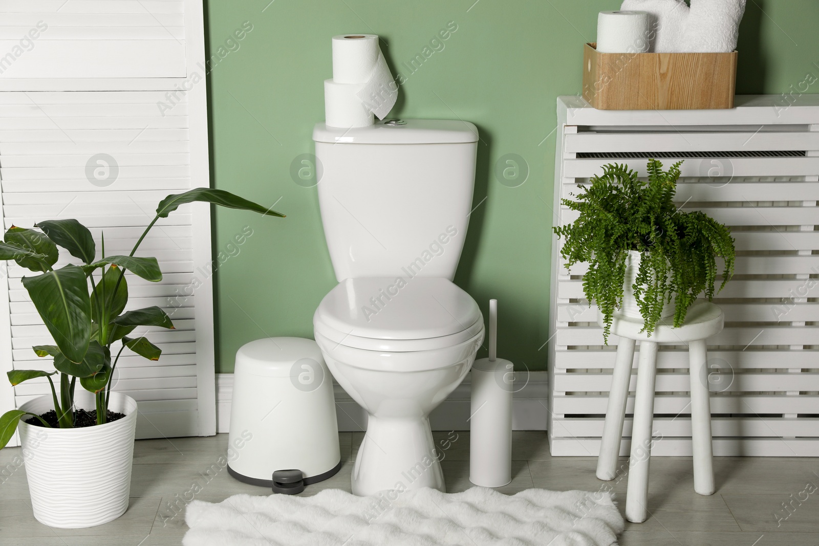 Photo of Folding screen, toilet bowl and houseplants in restroom