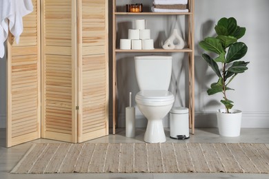 Photo of Folding screen, toilet bowl and houseplant in restroom