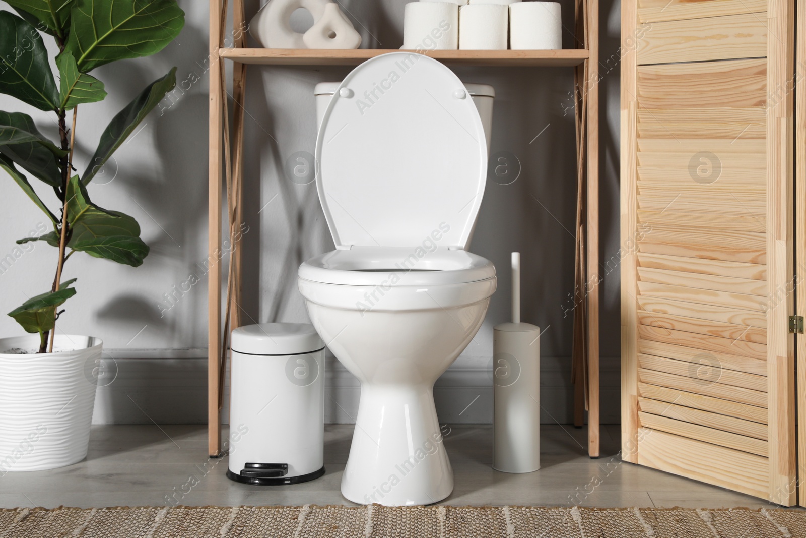 Photo of Folding screen, toilet bowl and houseplant in restroom