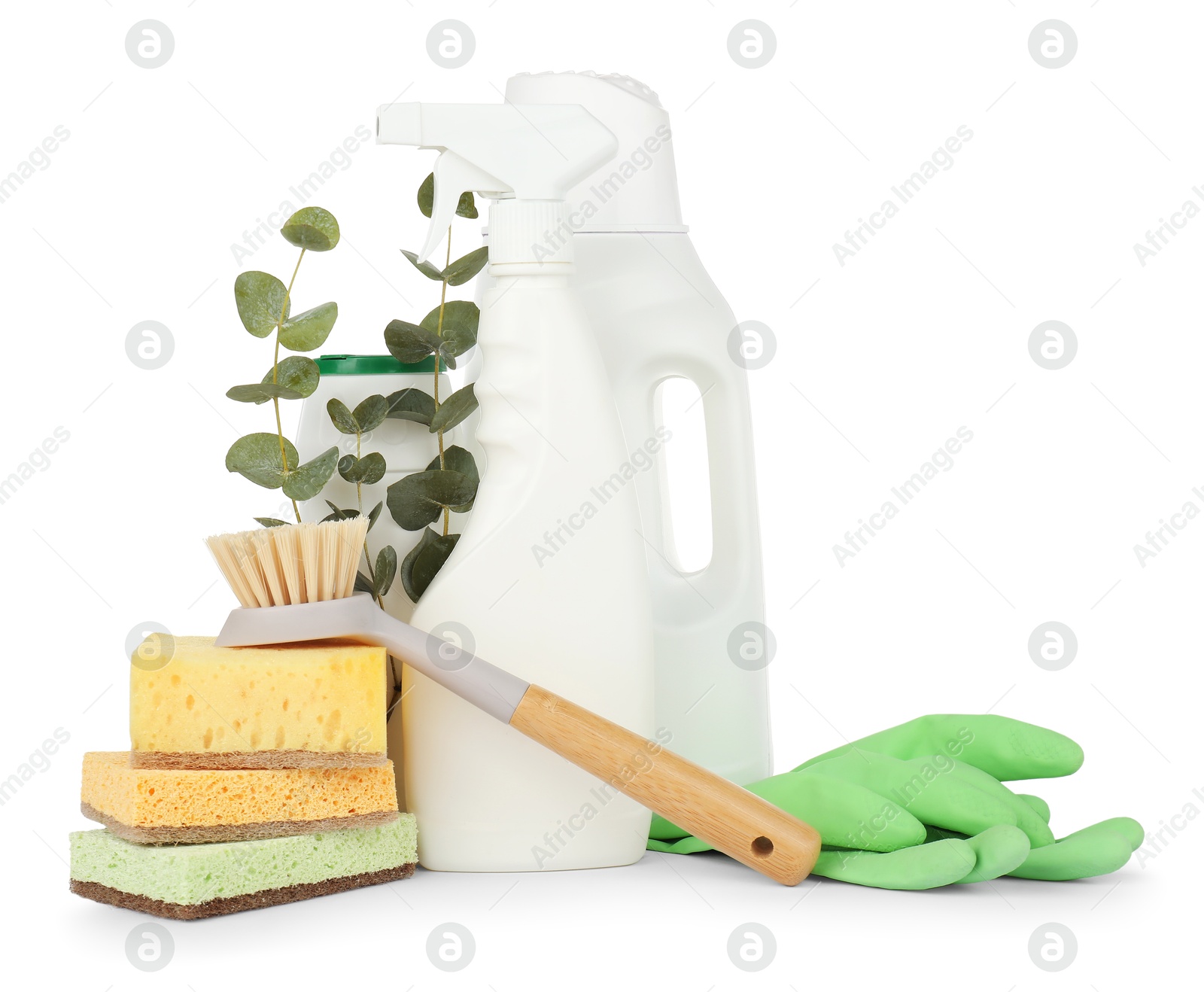 Photo of Eco-friendly cleaning products, supplies and eucalyptus branches isolated on white