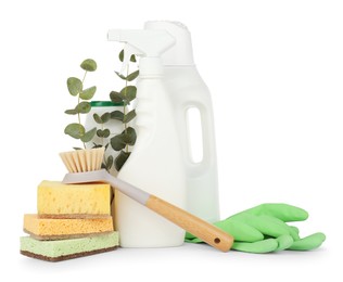 Photo of Eco-friendly cleaning products, supplies and eucalyptus branches isolated on white