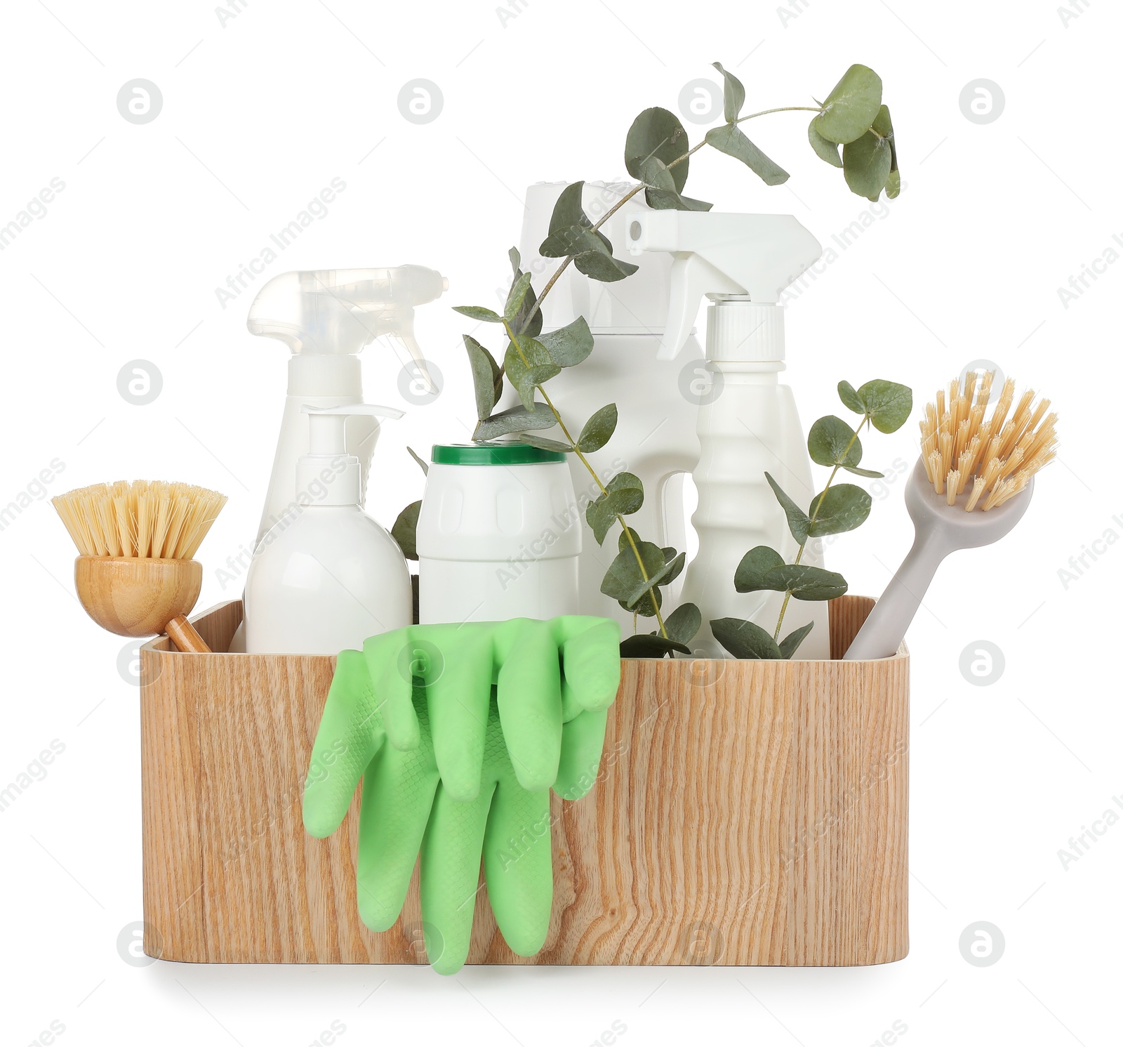 Photo of Eco-friendly cleaning products and supplies in wooden crate isolated on white