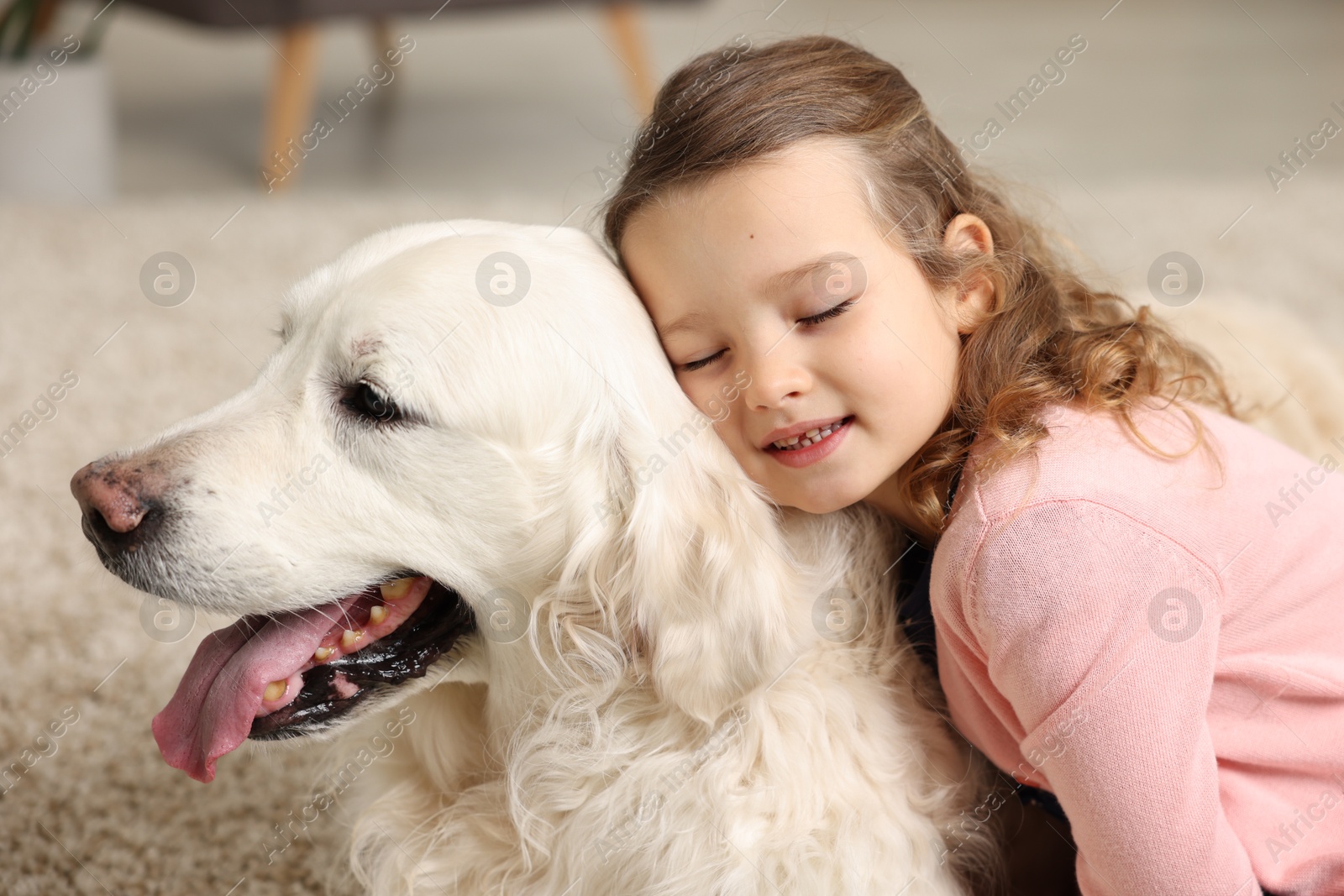 Photo of Little girl with cute dog on carpet at home