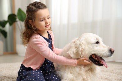 Photo of Little girl with cute dog on carpet at home