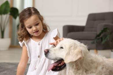 Photo of Little girl with cute dog on carpet at home