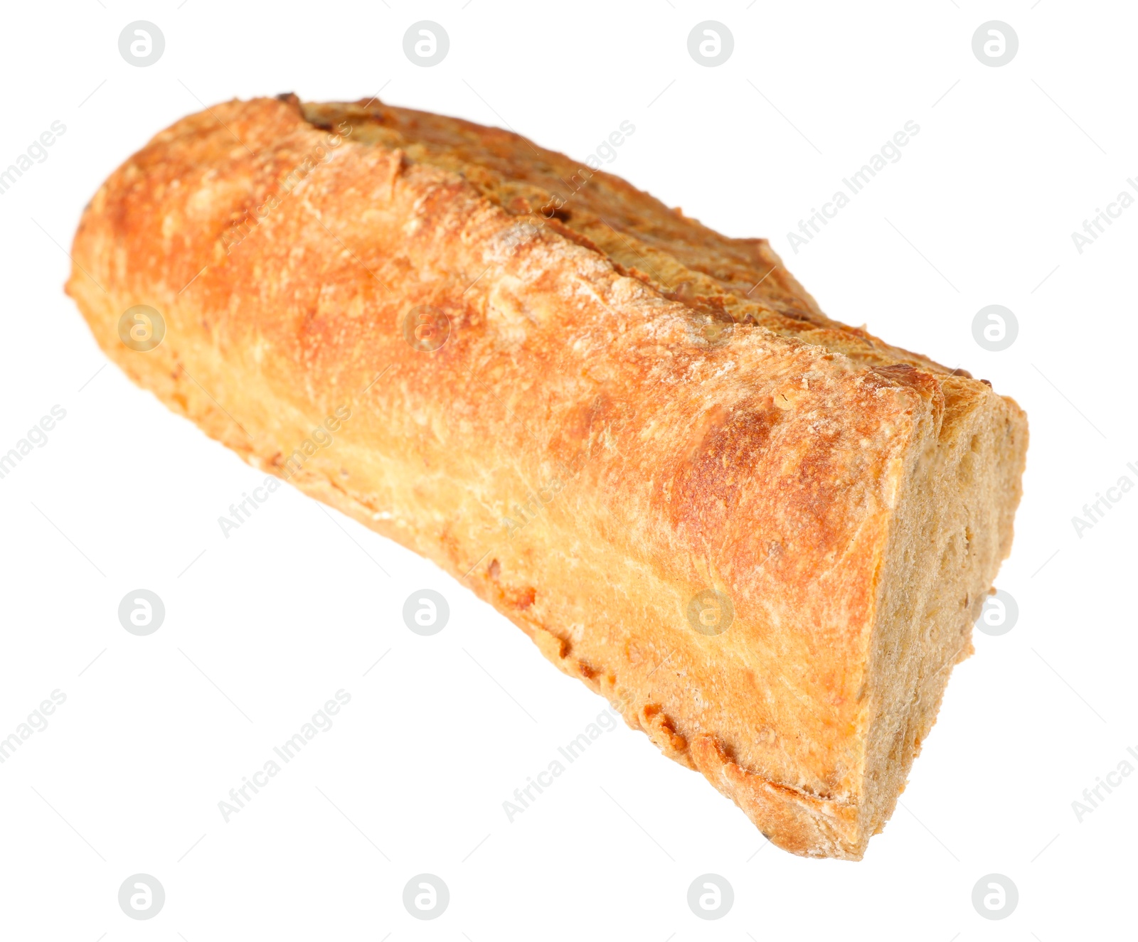 Photo of Cut freshly baked baguette isolated on white