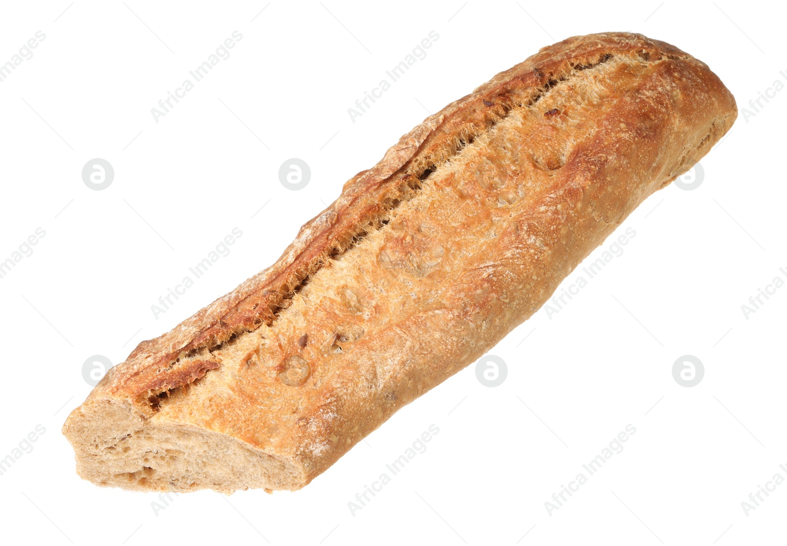 Photo of Cut freshly baked baguette isolated on white