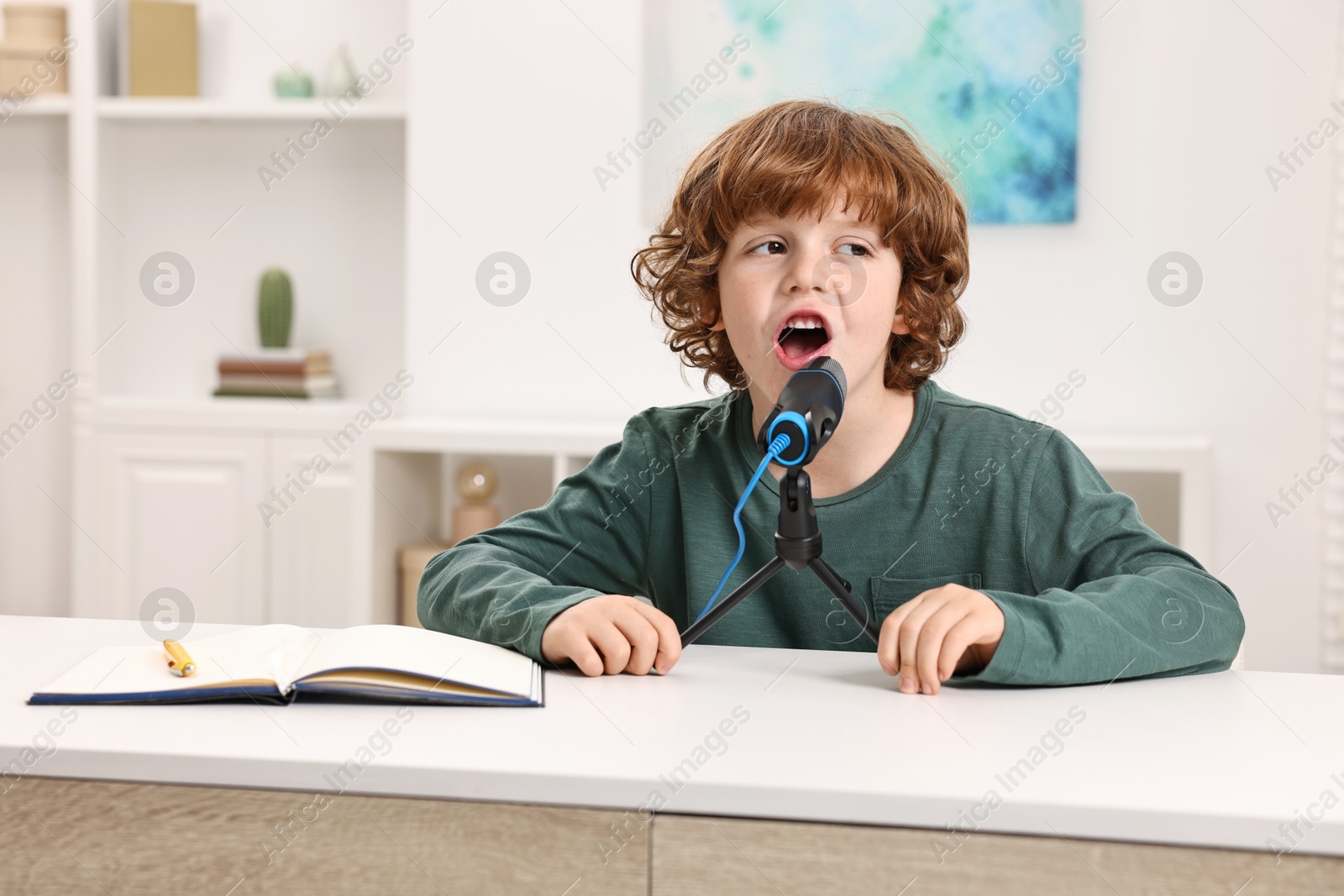 Photo of Little boy with microphone at white table indoors