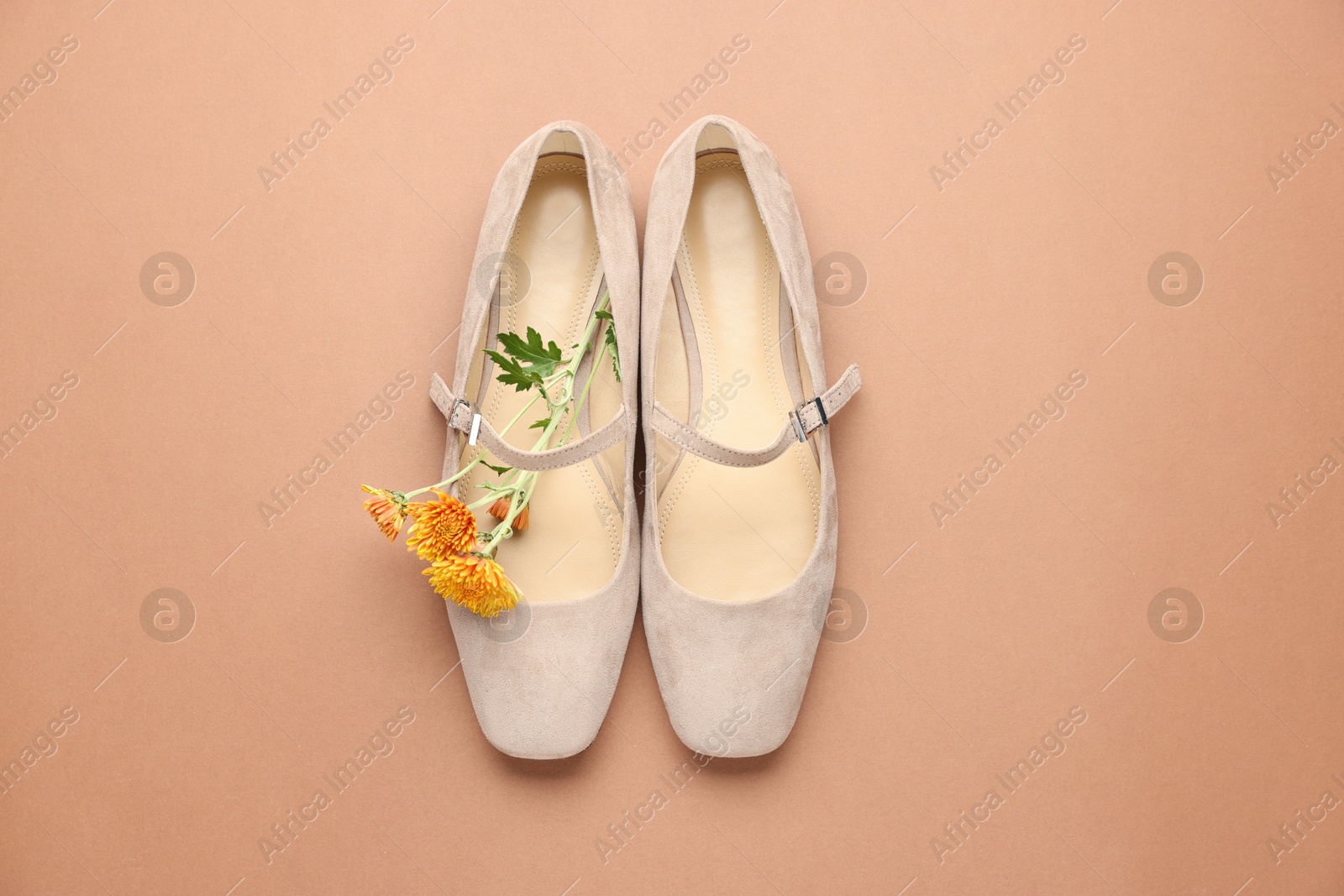 Photo of Pair of ballet flats and flowers on beige background, top view