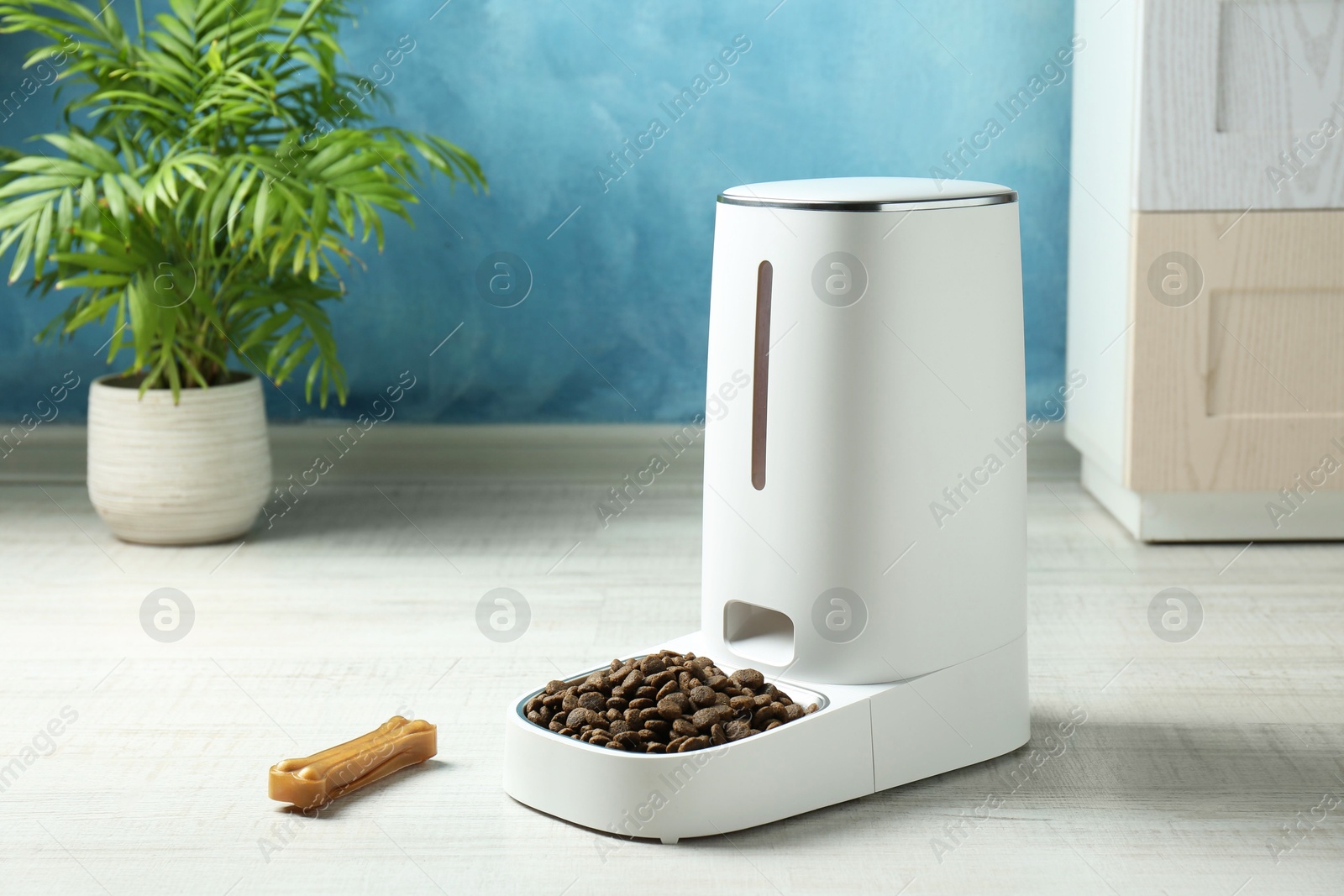 Photo of Dry pet food in automatic feeder and chew bone on floor indoors