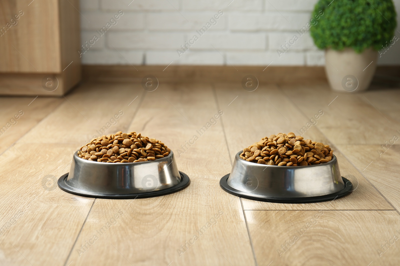 Photo of Dry pet food in feeding bowls on floor indoors