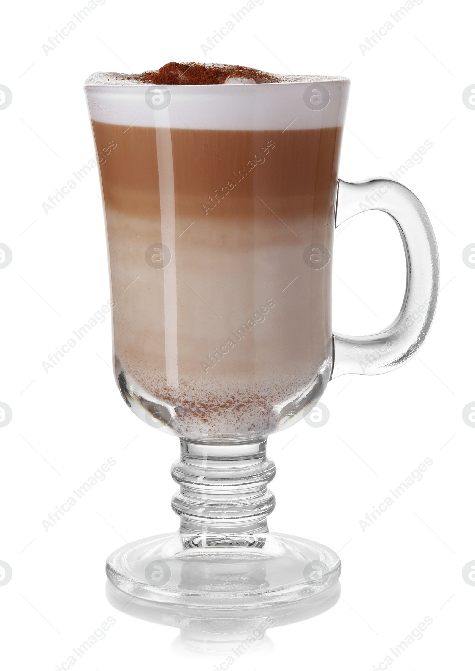 Photo of Tasty latte macchiato in glass cup isolated on white