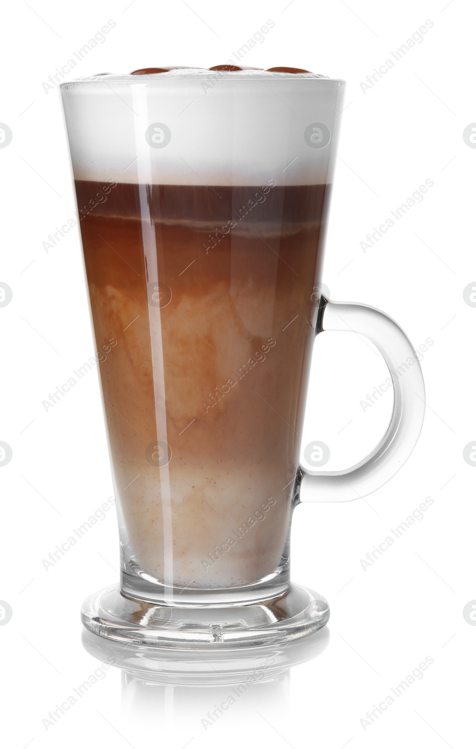 Photo of Tasty latte macchiato in glass cup isolated on white