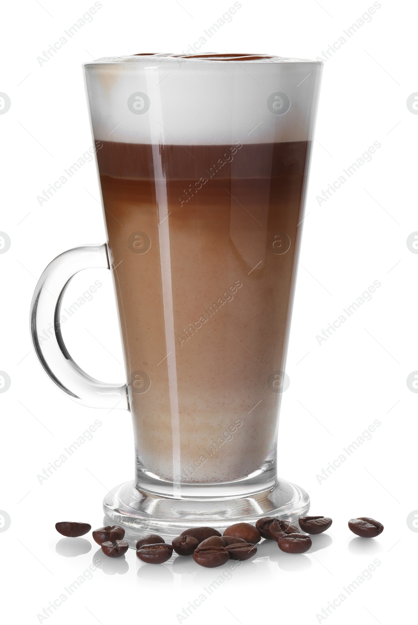 Photo of Tasty latte macchiato in glass cup and coffee beans isolated on white