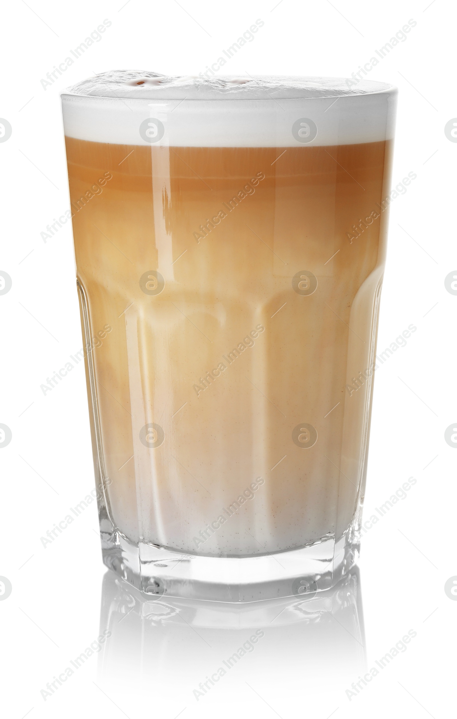 Photo of Tasty latte macchiato in glass isolated on white