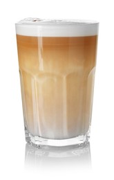 Photo of Tasty latte macchiato in glass isolated on white