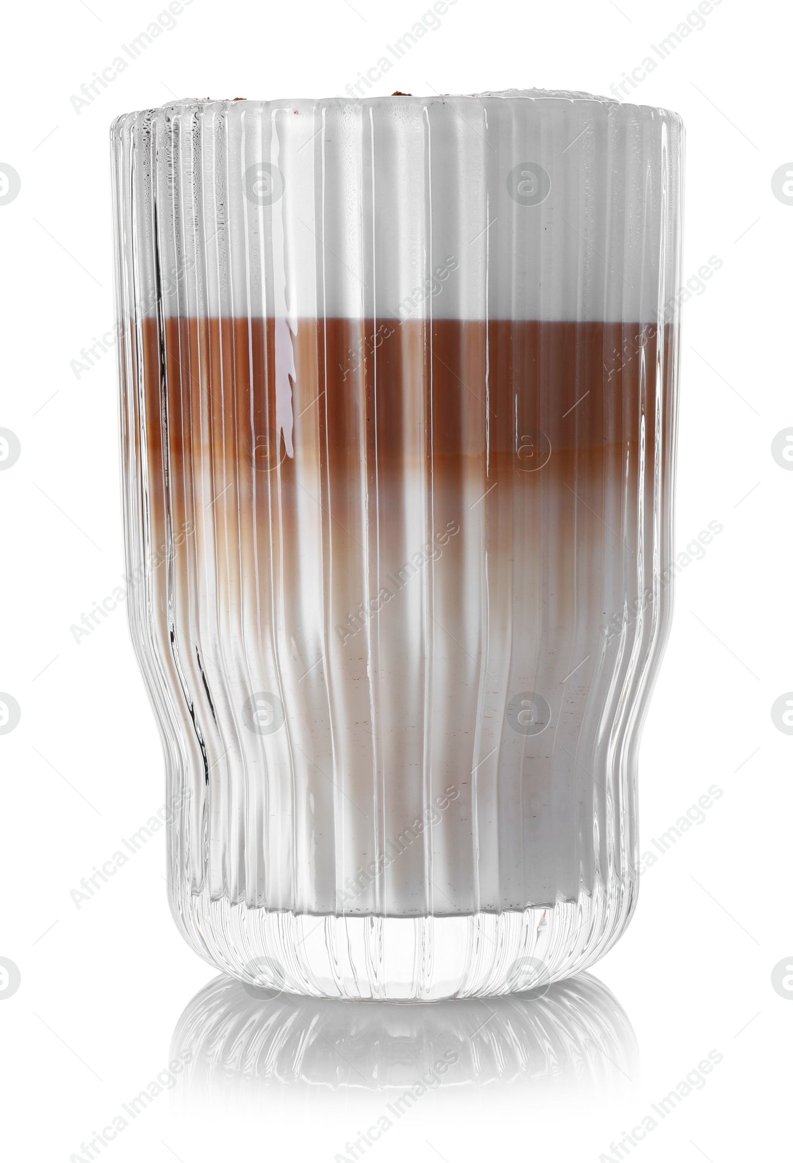 Photo of Tasty latte macchiato in glass isolated on white