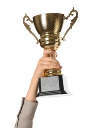 Woman with golden trophy cup on white background, closeup