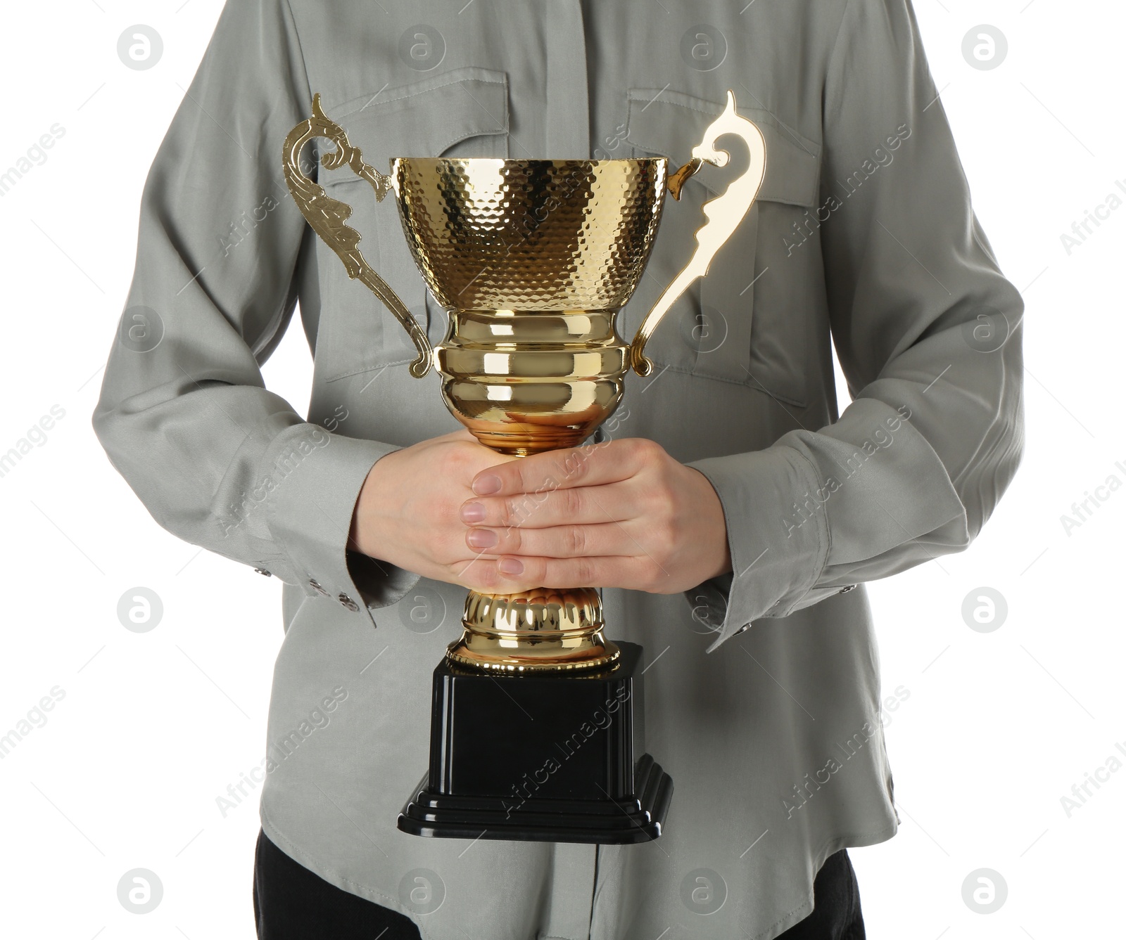 Photo of Woman with golden trophy cup on white background, closeup