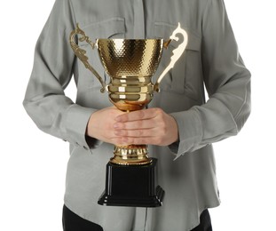 Woman with golden trophy cup on white background, closeup