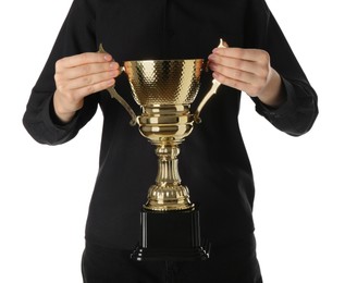 Woman with golden trophy cup on white background, closeup