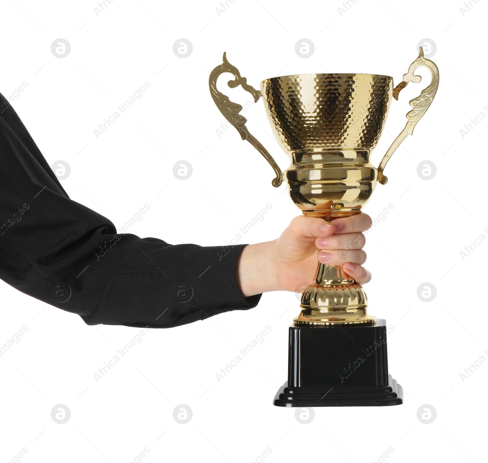 Photo of Woman with golden trophy cup on white background, closeup