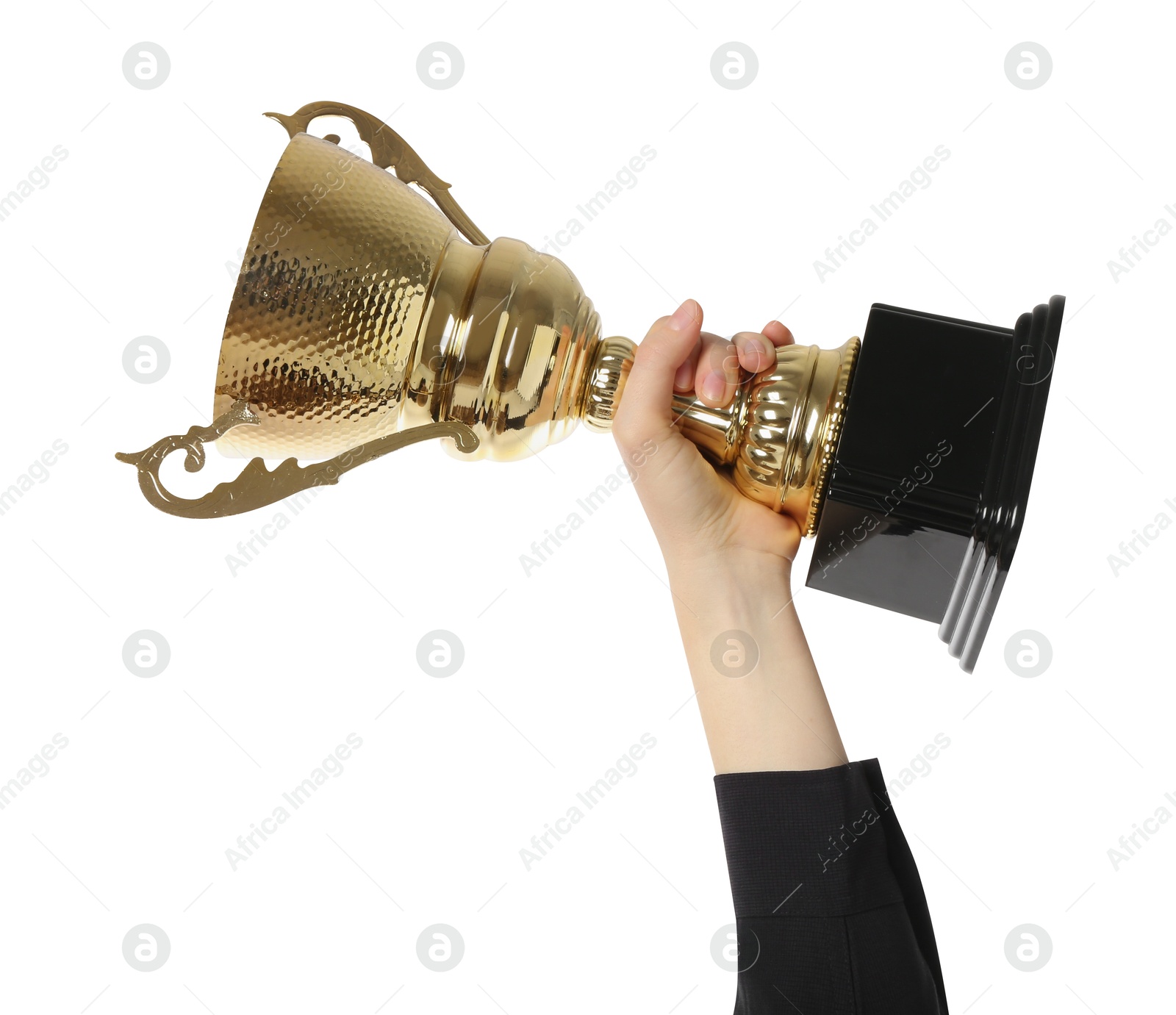 Photo of Woman with golden trophy cup on white background, closeup