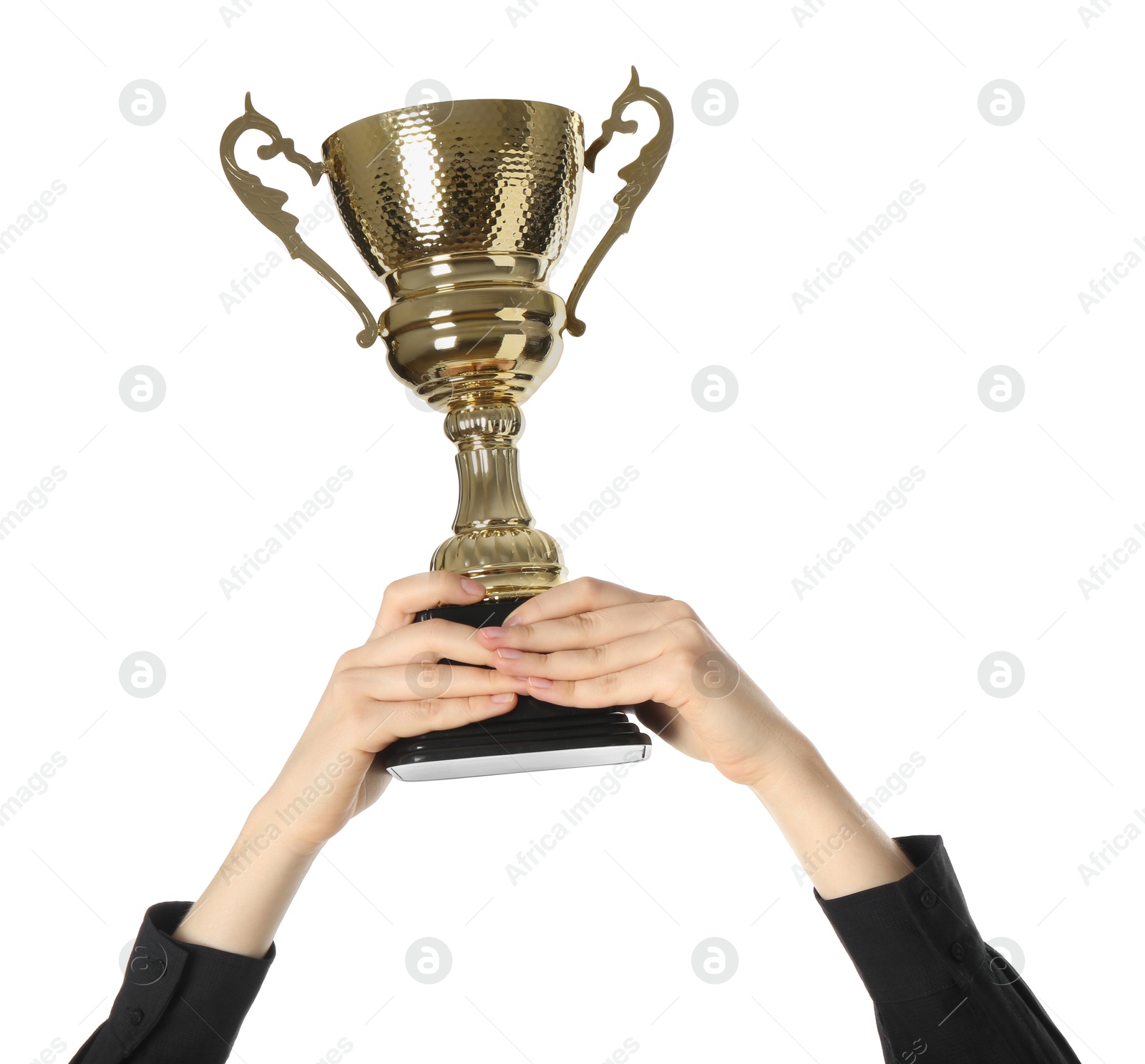 Photo of Woman with golden trophy cup on white background, closeup