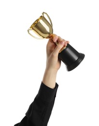 Woman with golden trophy cup on white background, closeup