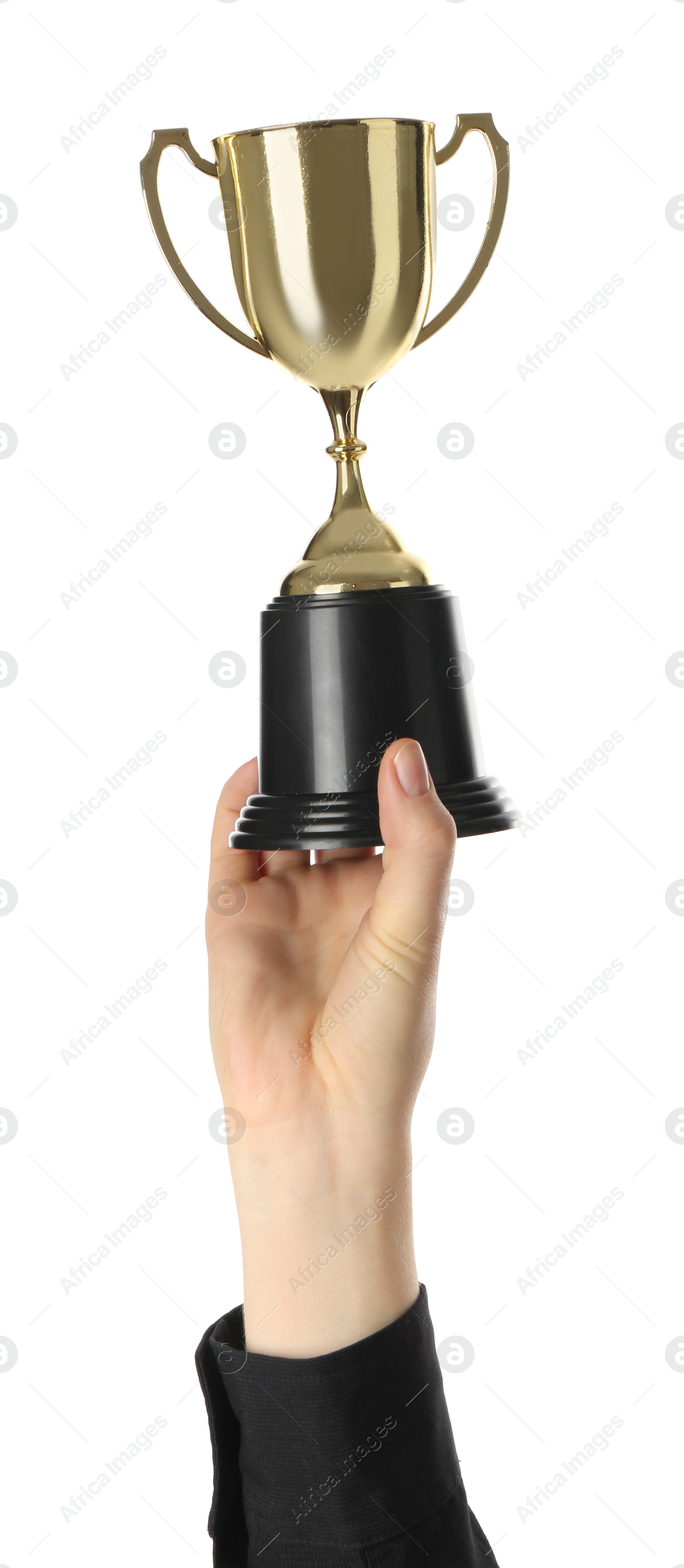 Photo of Woman with golden trophy cup on white background, closeup