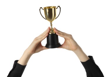 Woman with golden trophy cup on white background, closeup