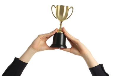 Photo of Woman with golden trophy cup on white background, closeup