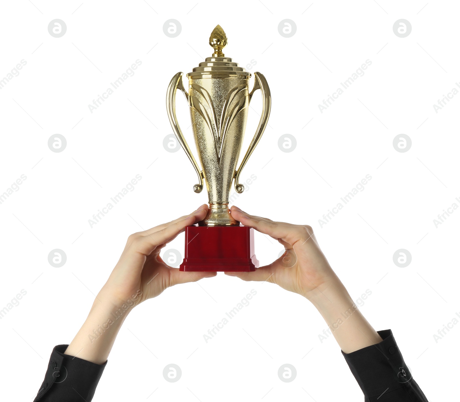 Photo of Woman with golden trophy cup on white background, closeup