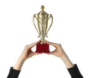 Photo of Woman with golden trophy cup on white background, closeup