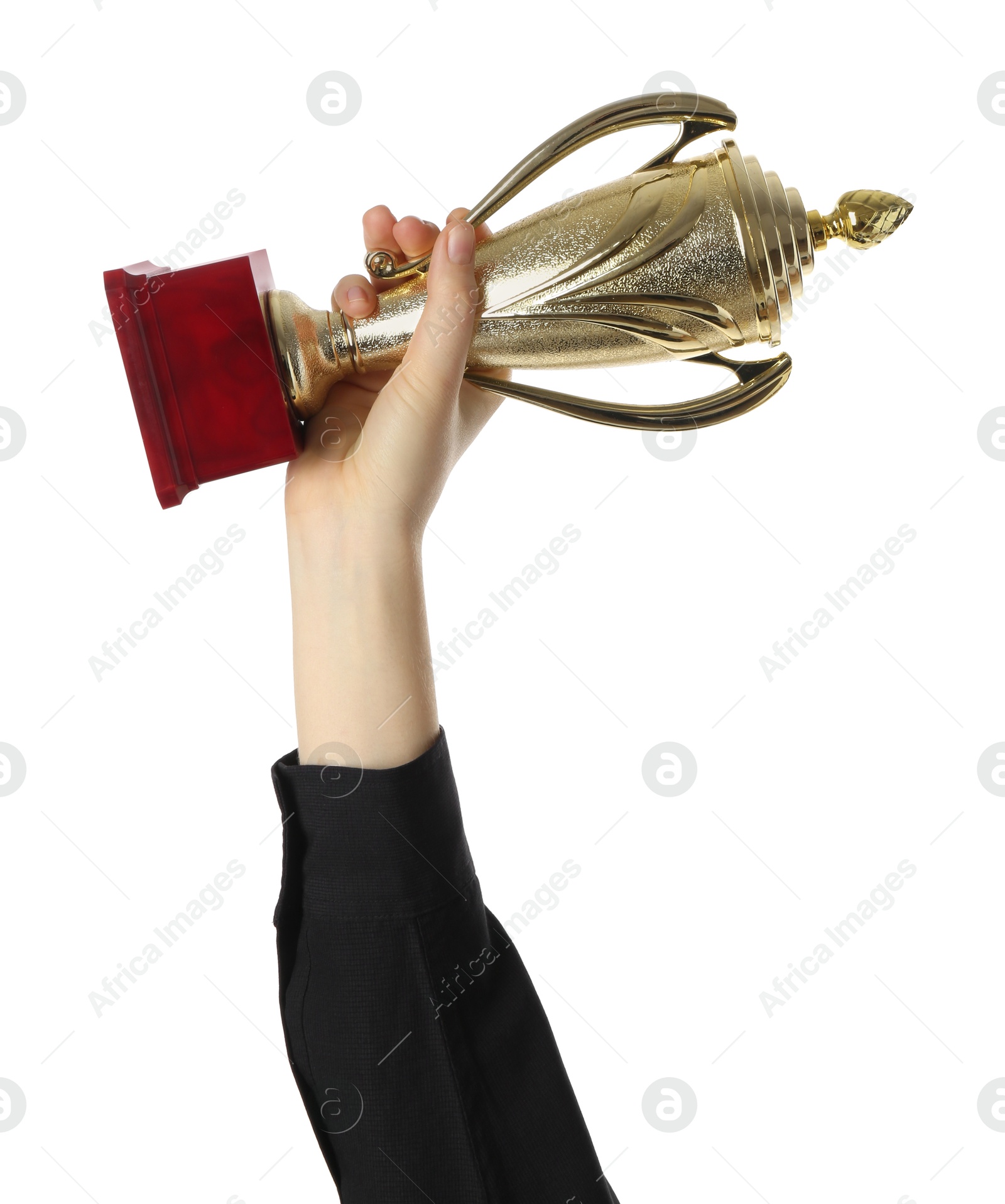 Photo of Woman with golden trophy cup on white background, closeup