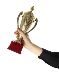 Woman with golden trophy cup on white background, closeup