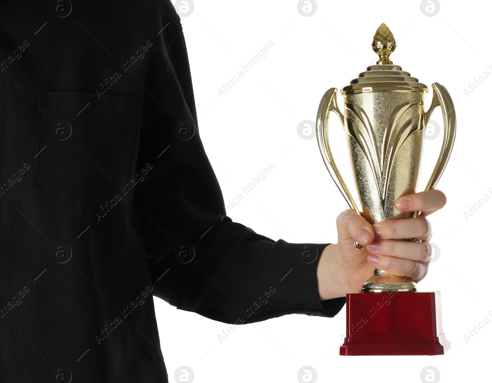 Photo of Woman with golden trophy cup on white background, closeup