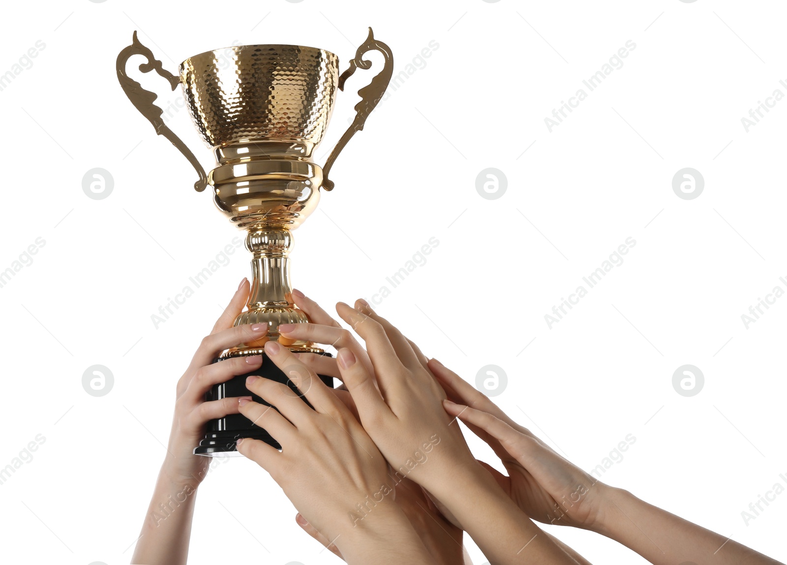 Photo of Group of people with golden trophy up on white background, closeup