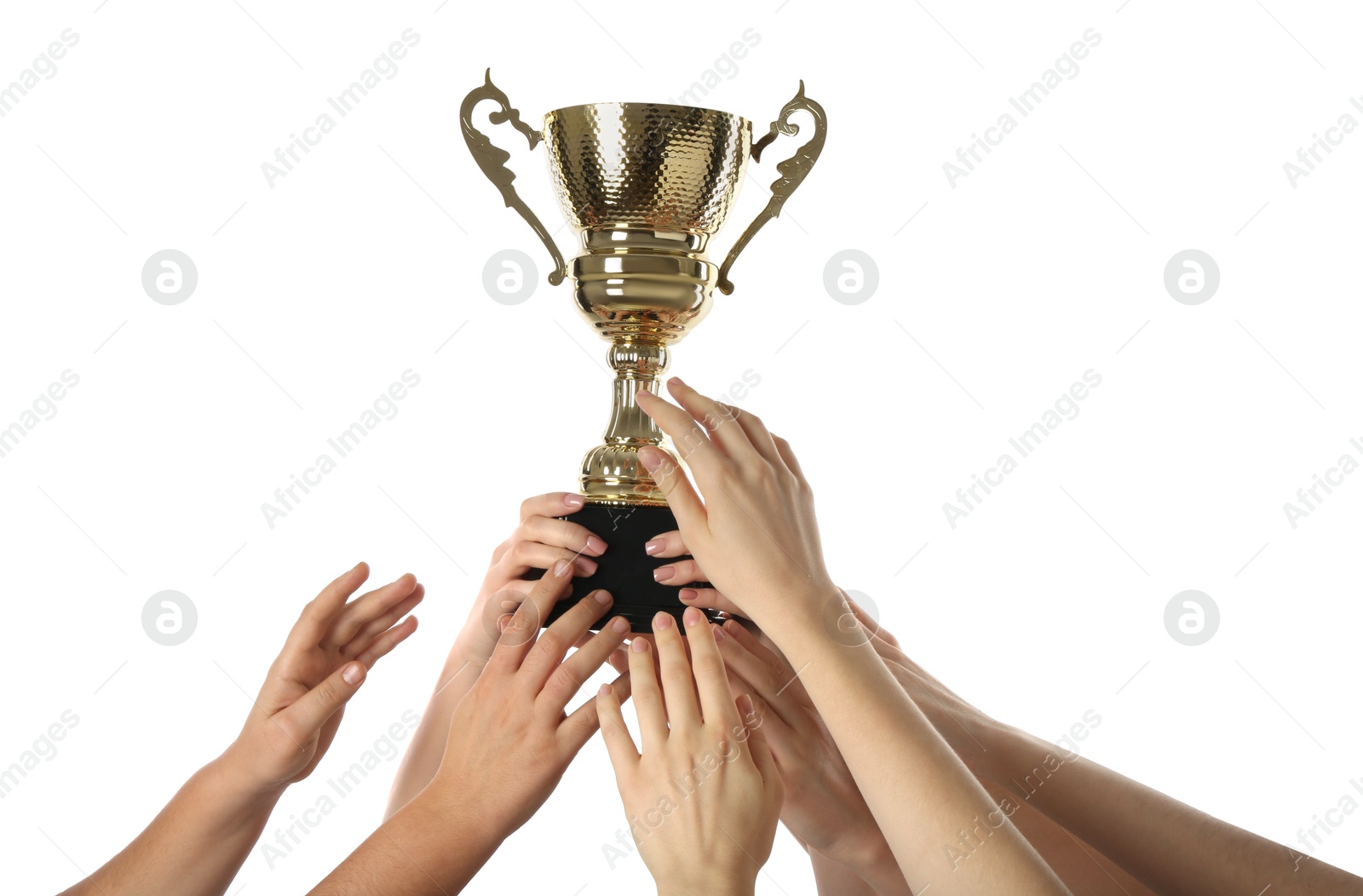 Photo of Group of people with golden trophy up on white background, closeup