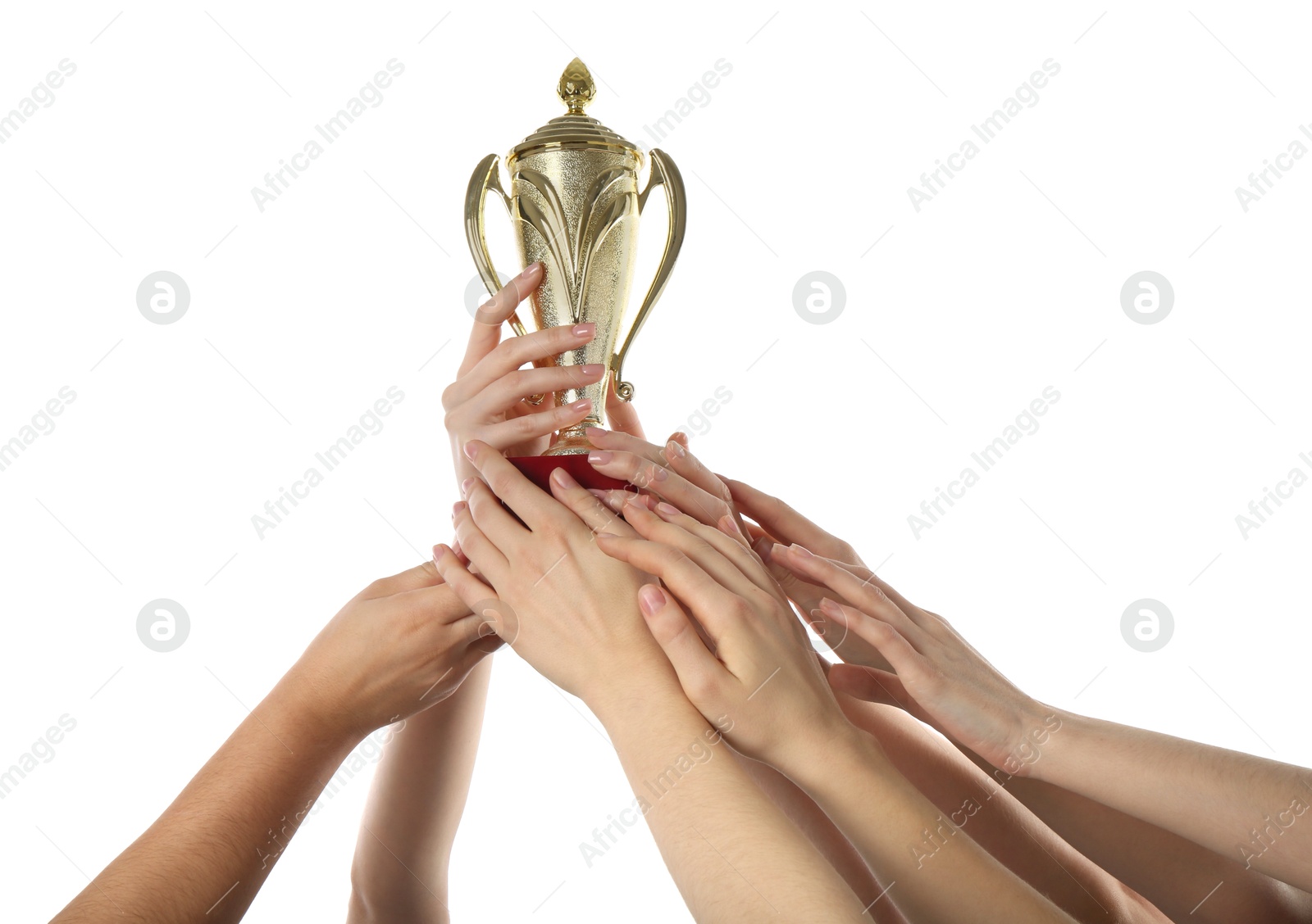 Photo of Group of people with golden trophy up on white background, closeup