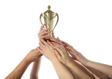 Photo of Group of people with golden trophy up on white background, closeup