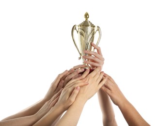 Group of people with golden trophy up on white background, closeup