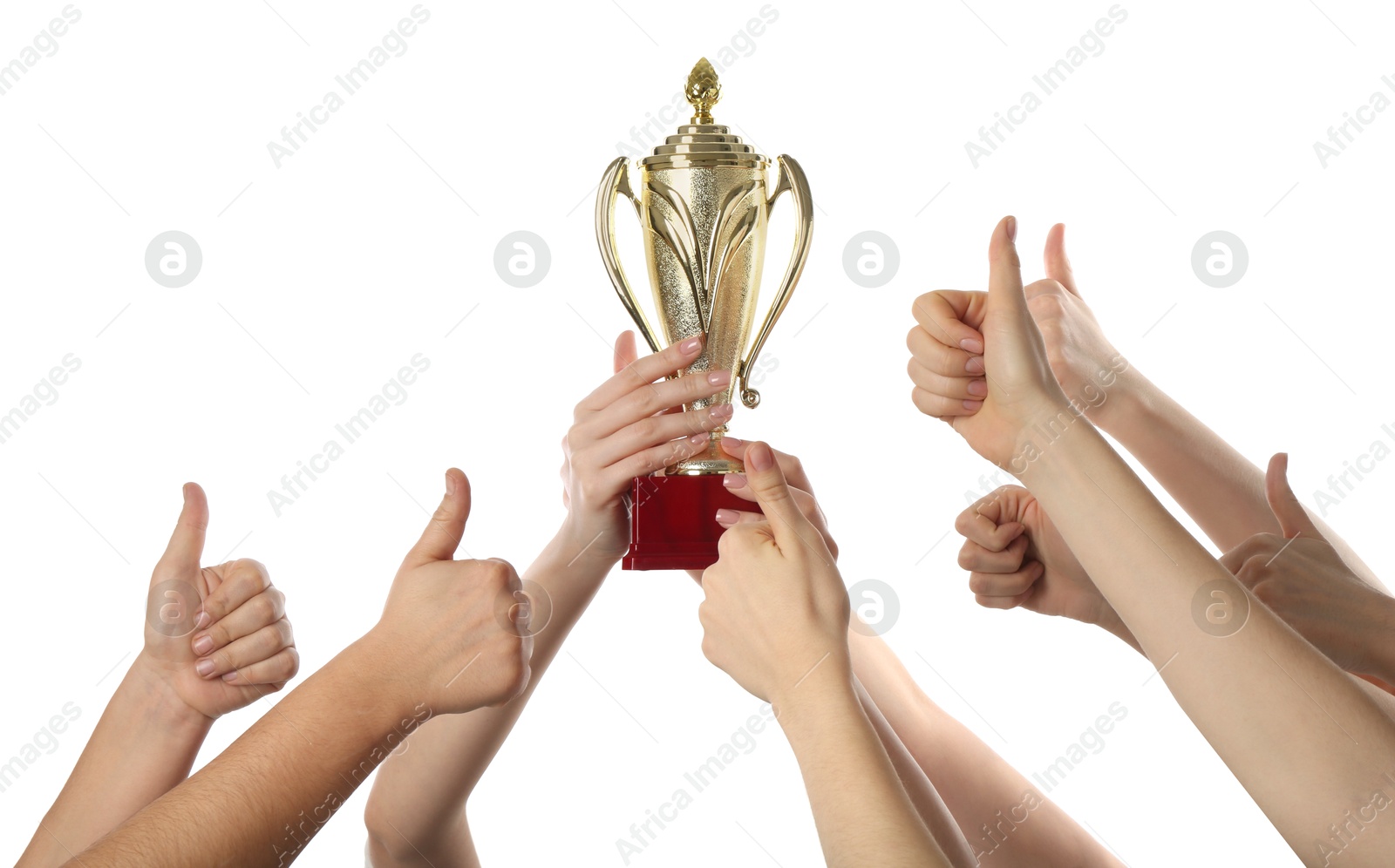 Photo of Group of people with golden trophy up on white background, closeup