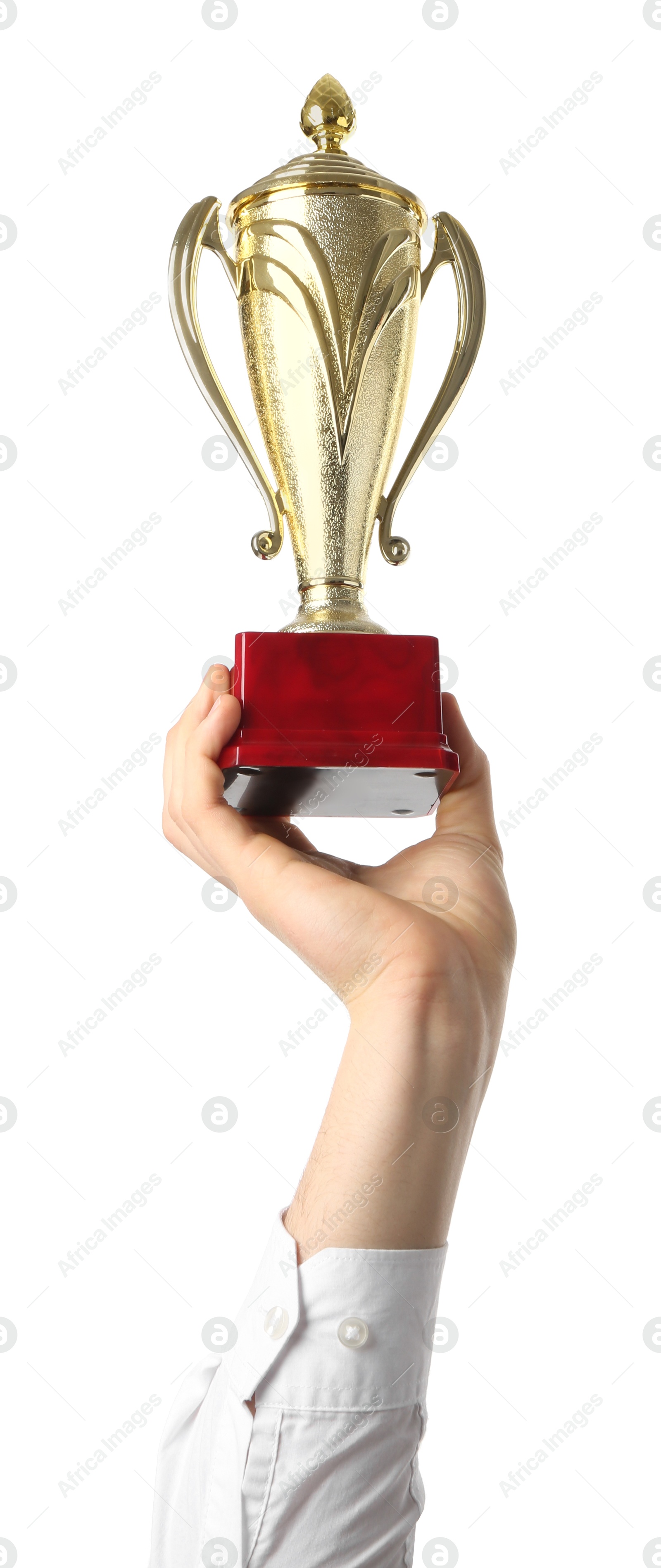 Photo of Man with golden trophy cup on white background, closeup