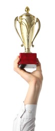 Photo of Man with golden trophy cup on white background, closeup