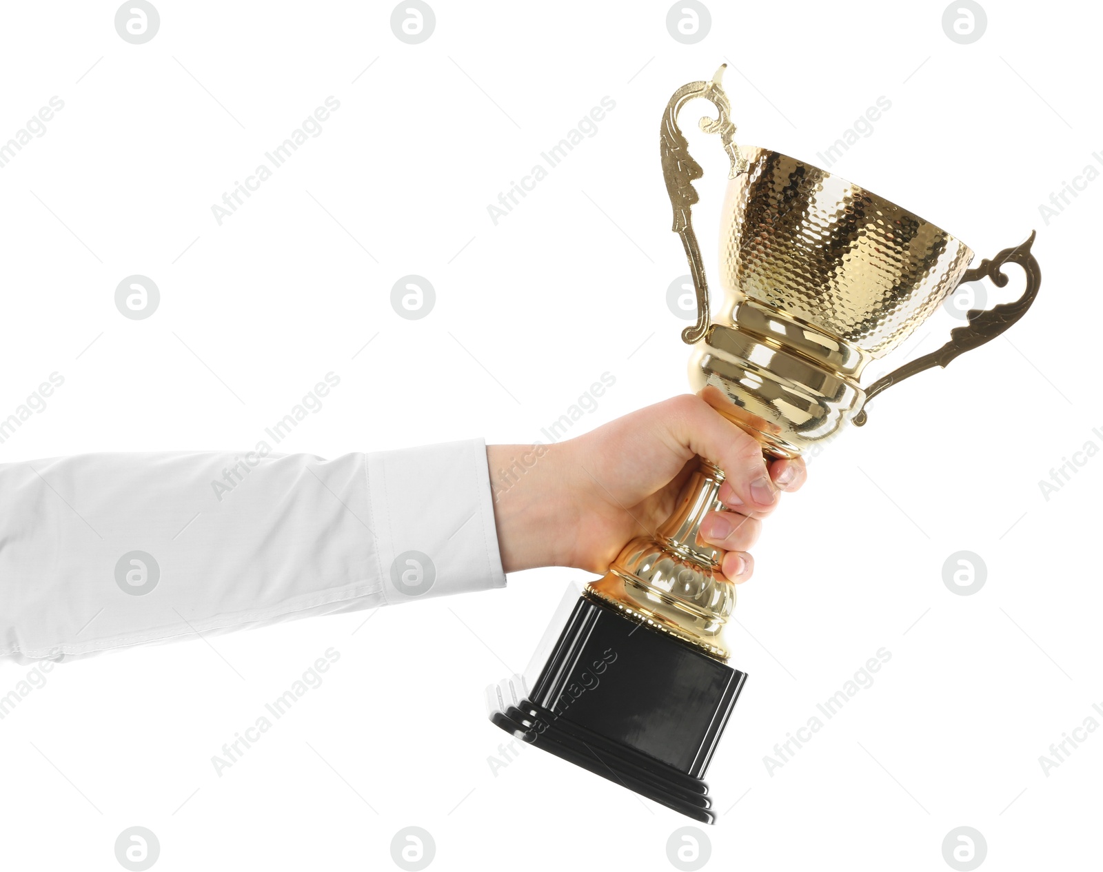 Photo of Man with golden trophy cup on white background, closeup